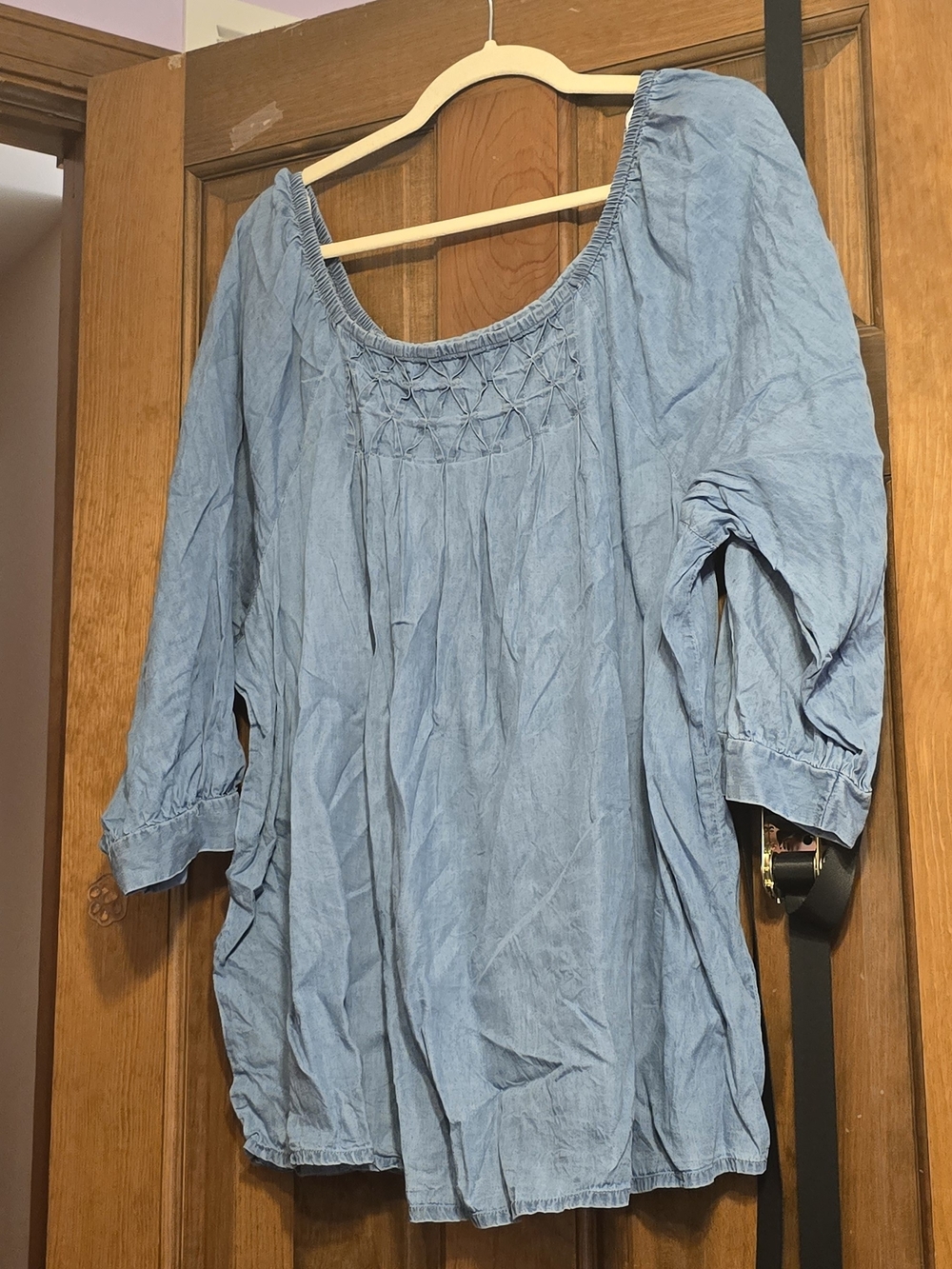 Light Blue Women's Peasant Top with Smocked Yoke
